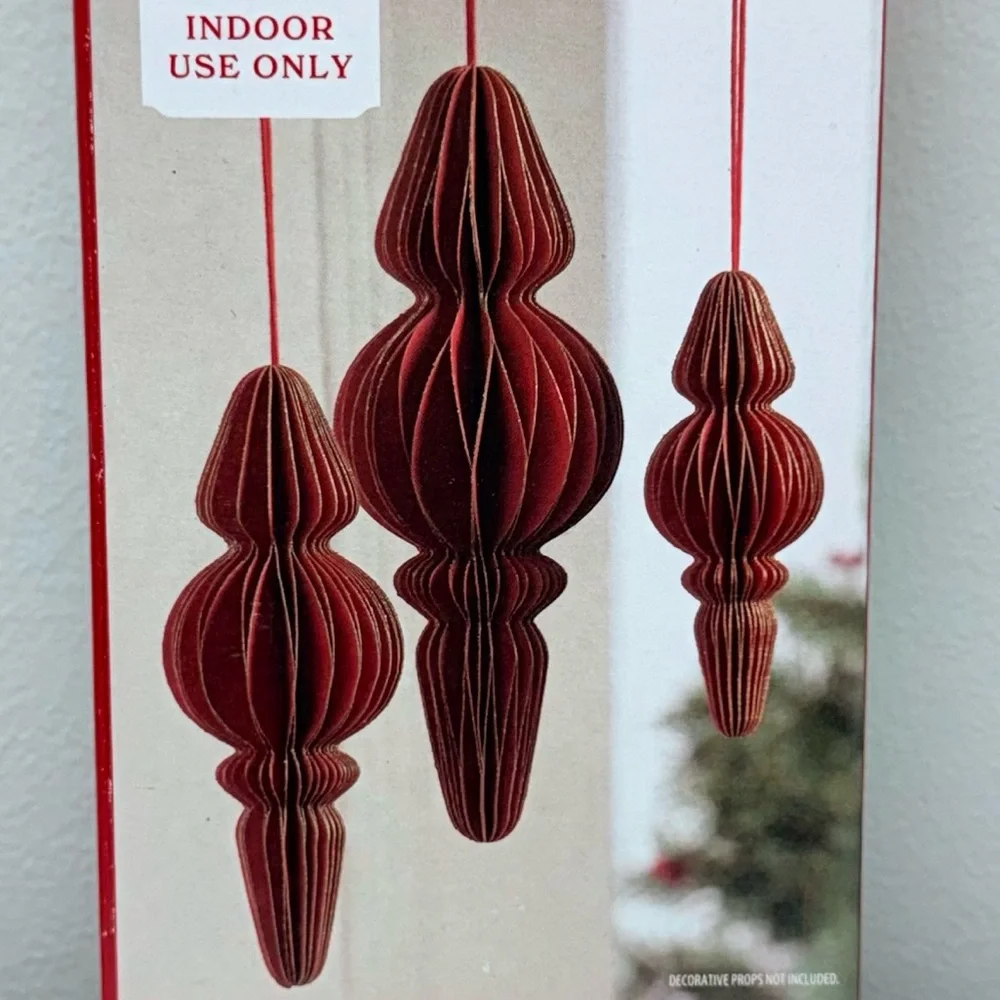 New! Holiday Time Set of 3 Red Paper Finial Christmas Holiday Ornaments / Decor
